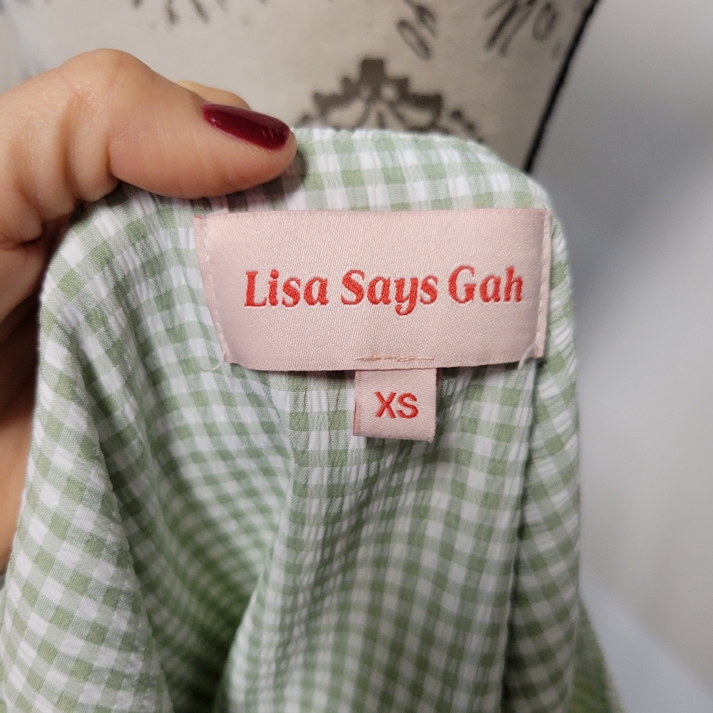 Lisa Says Gah Lily Green White Gingham Mini Dress with Puff Sleeves Babydoll XS - Picture 7 of 9